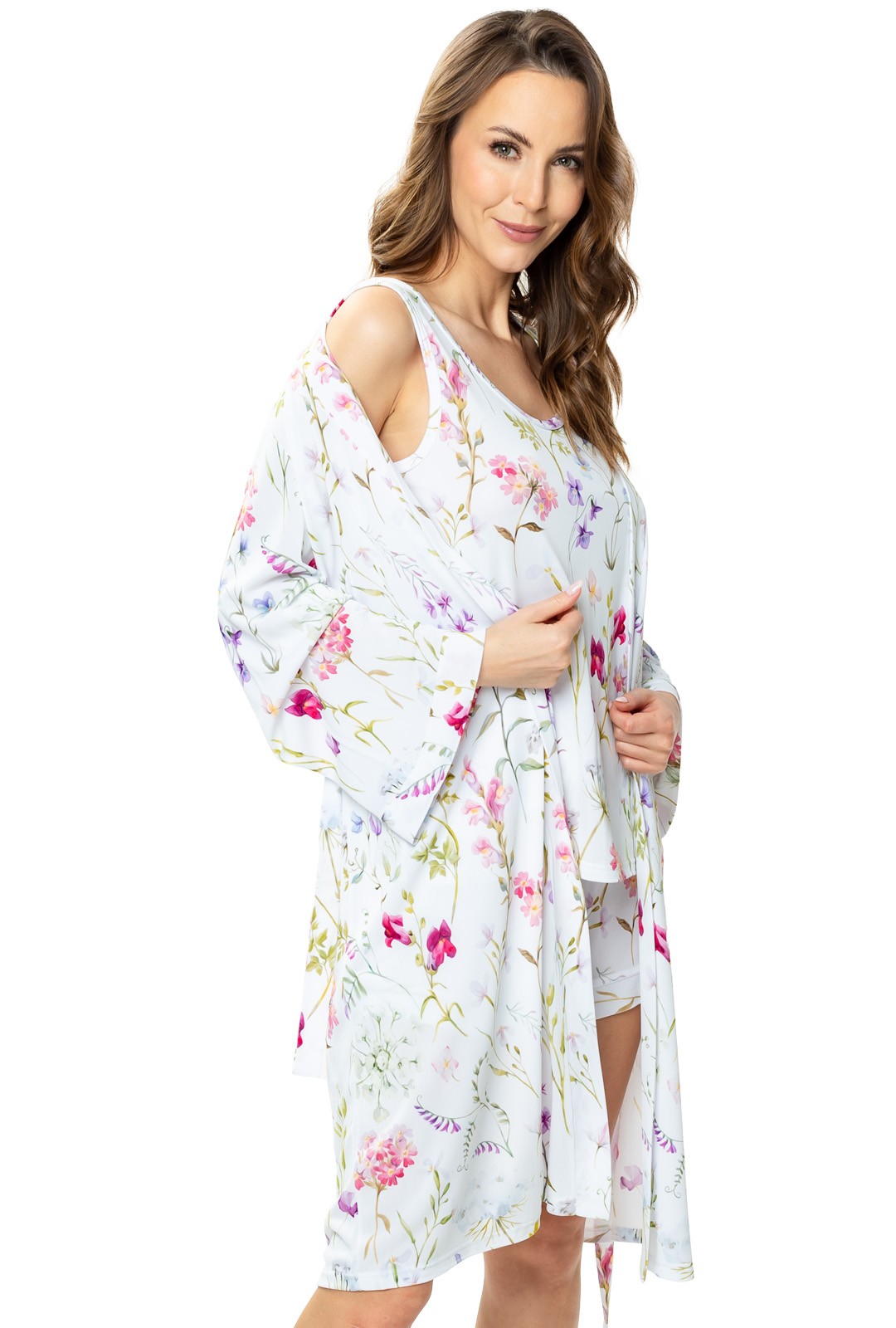 Peniuar Flores Mewa – druk w kwiaty