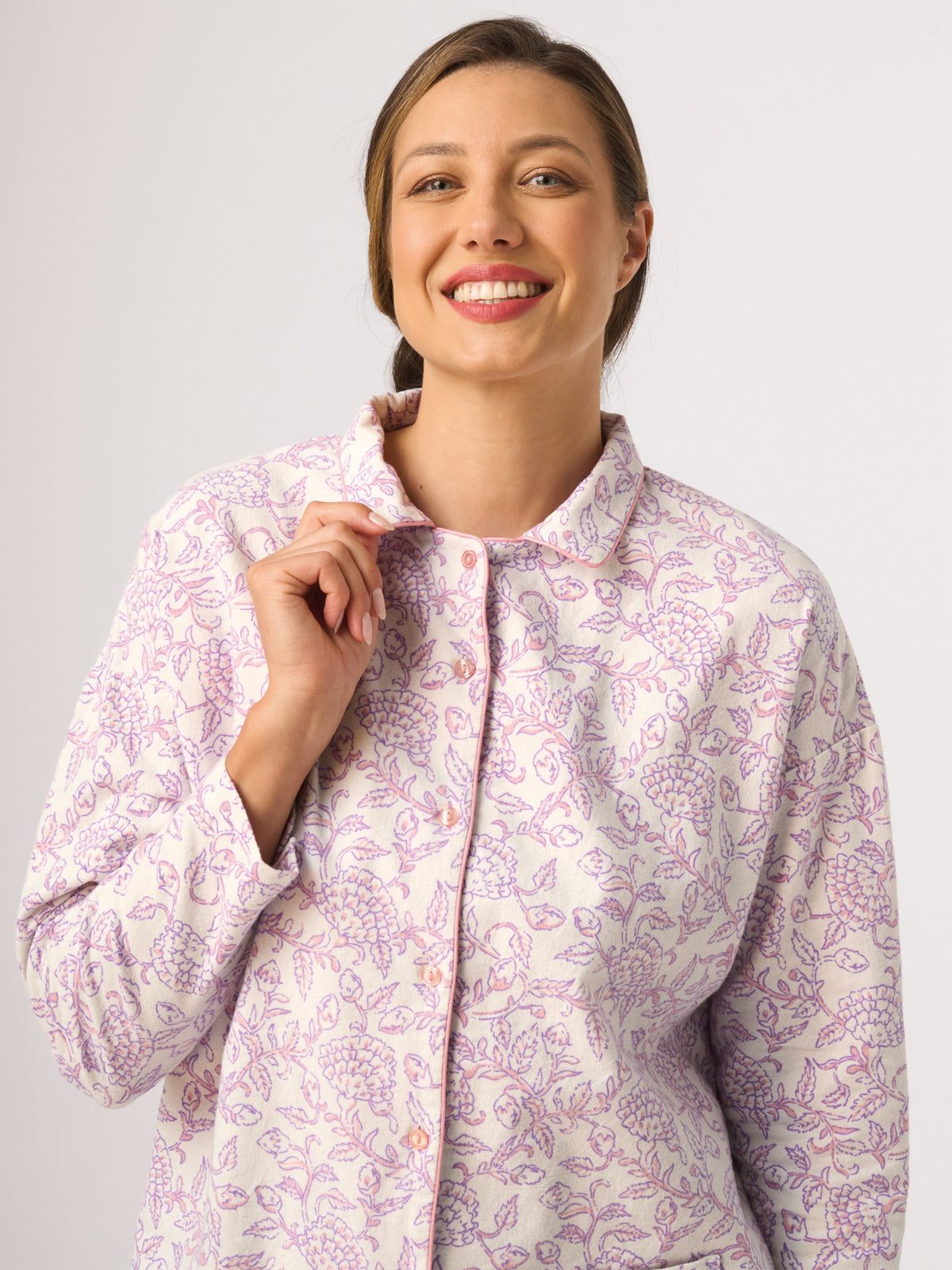Flanelowa piżama damska w kwiaty – 100% bawełny Key