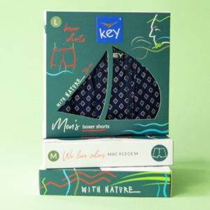 Eleganckie szorty Key – granatowe z czerwonym nadrukiem