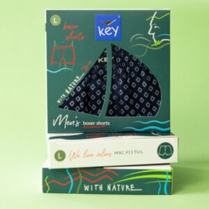 Eleganckie szorty Key – granatowe z turkusowym nadrukiem