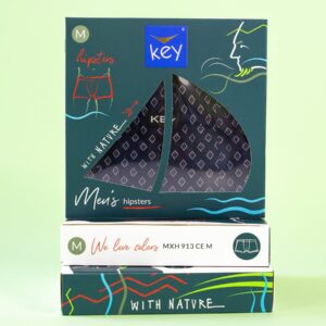 Męskie bokserki granatowe w kolorowe romby Key – granatowe z czerwonym nadrukiem